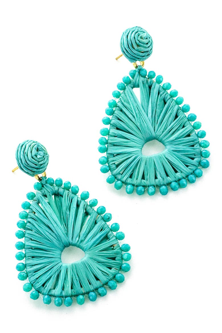 Raffia Triangle Drop Earrings, Main, color, TURQ