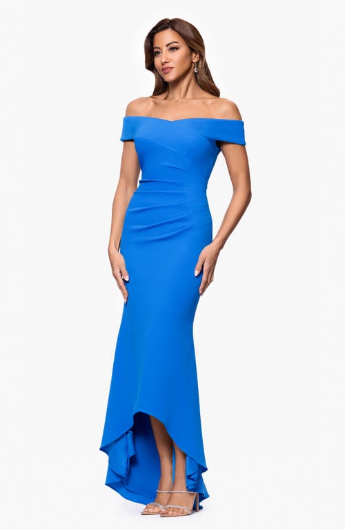 Xscape Evenings Cold Shoulder Handkerchief Hem Scuba Crepe Gown In Blue
