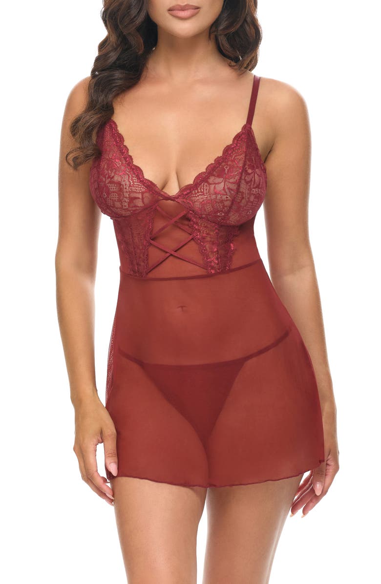 Oh La La Cheri Avery Mesh & Lace Chemise & G-String Set, Main, color, Syrah