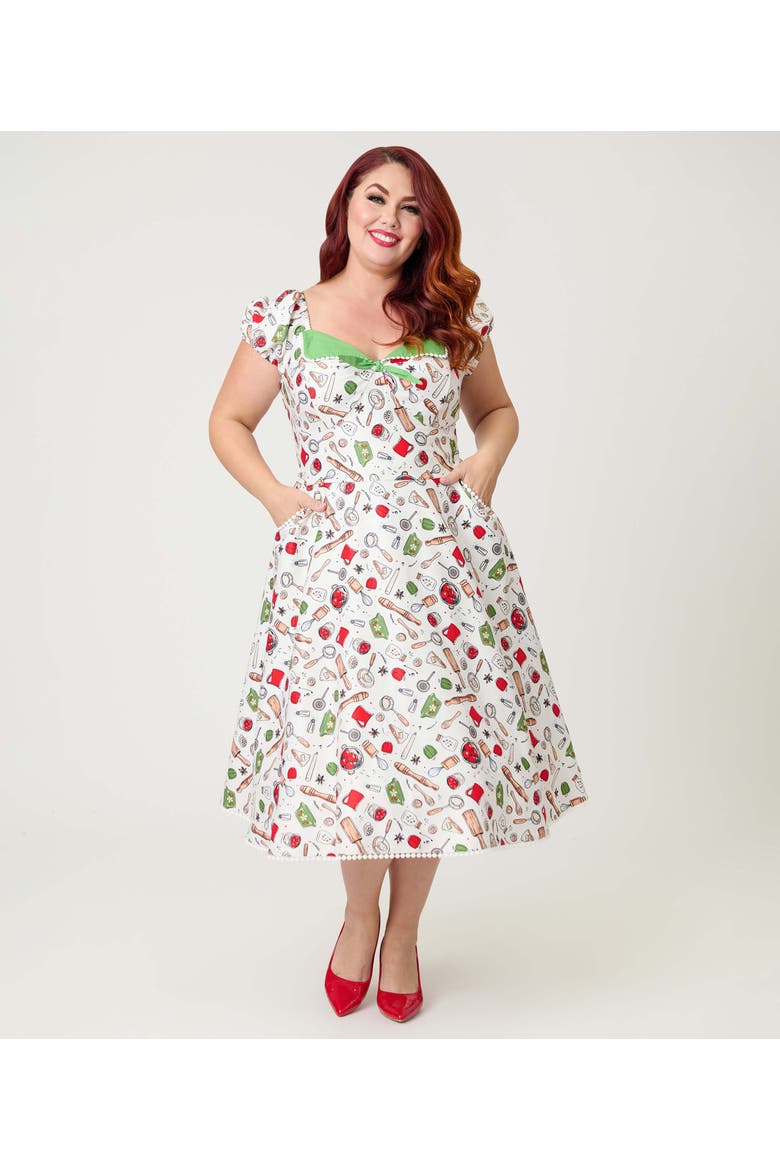 Plus Size 1950s Sweetheart Swing Dress, Main, color, White W/ Kitchen Print