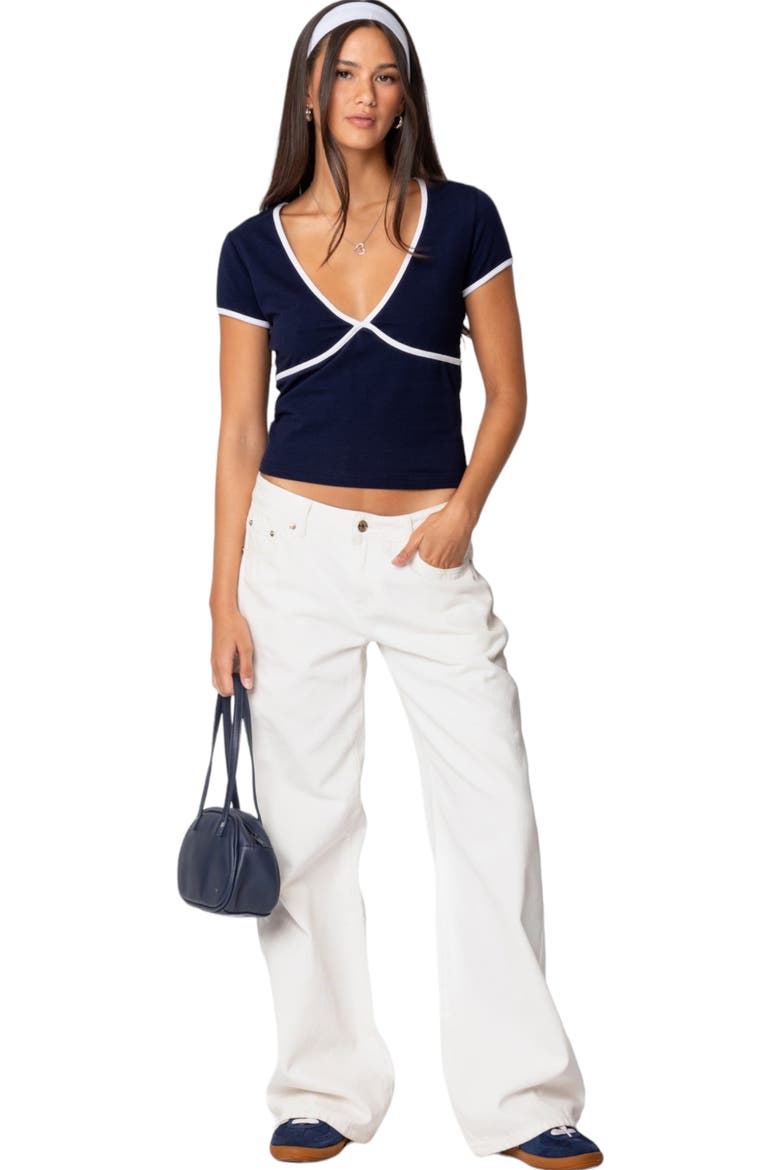 Alicia Contrast Trim V-Neck Top, Alternate, color, NAVY