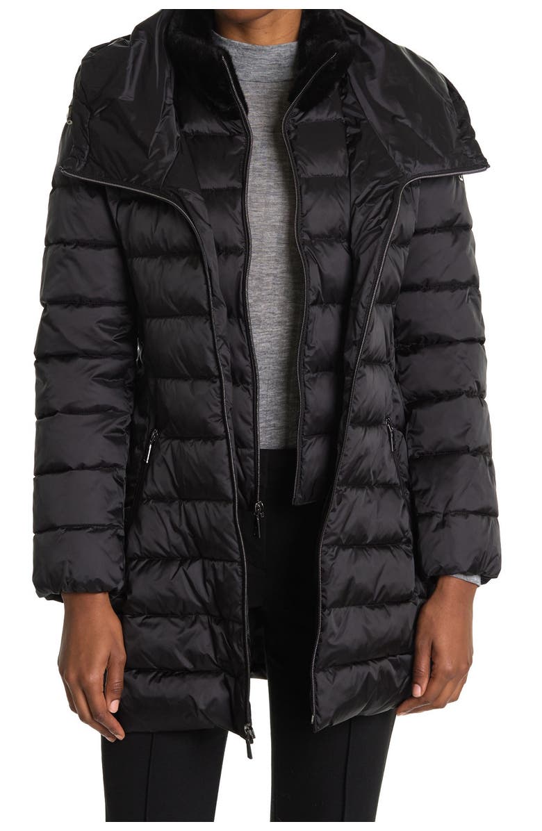 Tahari Faux Fur Trim Collar Hooded Bib Puffer Jacket, Main, color,