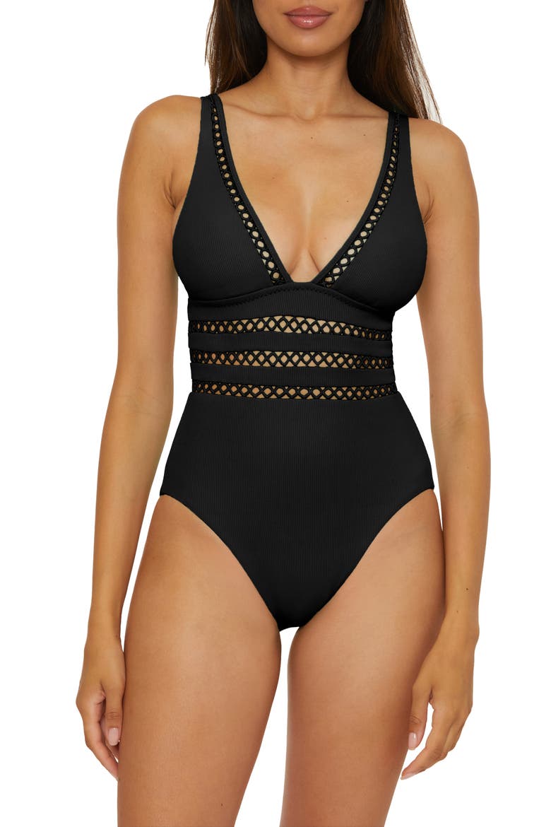 Open Knit Inset One-Piece Swimsuit, Main, color, BLACK