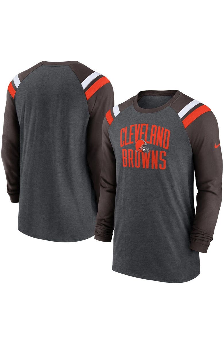 Nike Men's Nike Heathered Charcoal/Brown Cleveland Browns Tri-Blend Raglan Athletic Long Sleeve Fashion T-Shirt, Main, color,