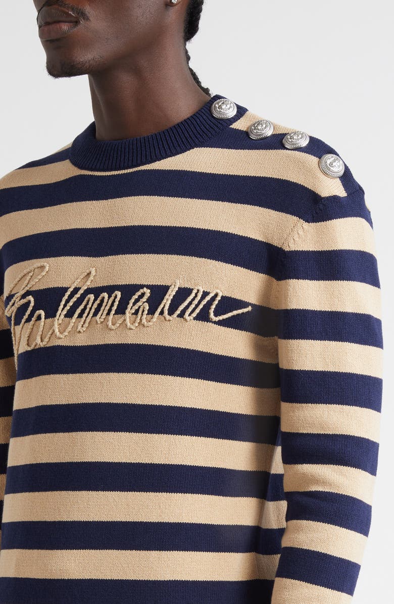 Balmain Embroidered Logo Cotton Sweater, Alternate, color, Soe Navy/ Camel