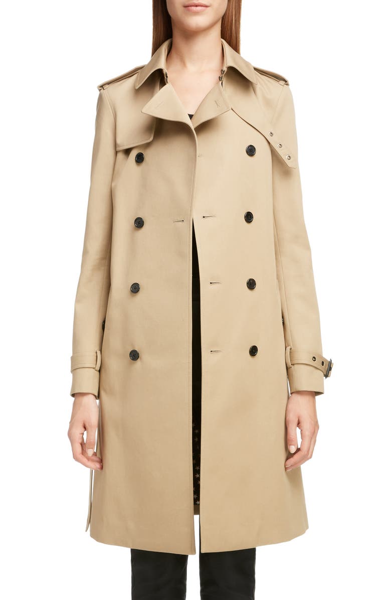 Saint Laurent Double Breasted Gabardine Trench Coat, Main, color, 