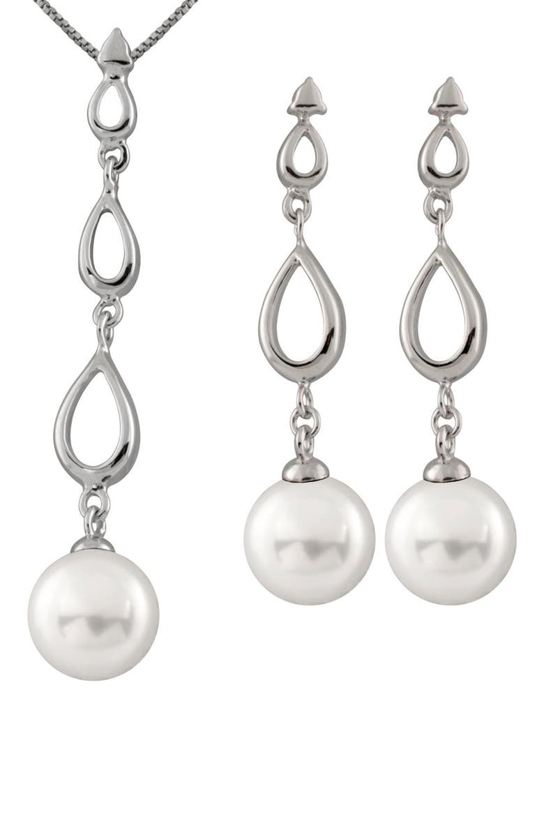 Rhodium Plated Sterling Silver 8-8.5mm Cultured Freshwater Pearl Earrings & Necklace 3-Piece Set, Main, color, WHITE