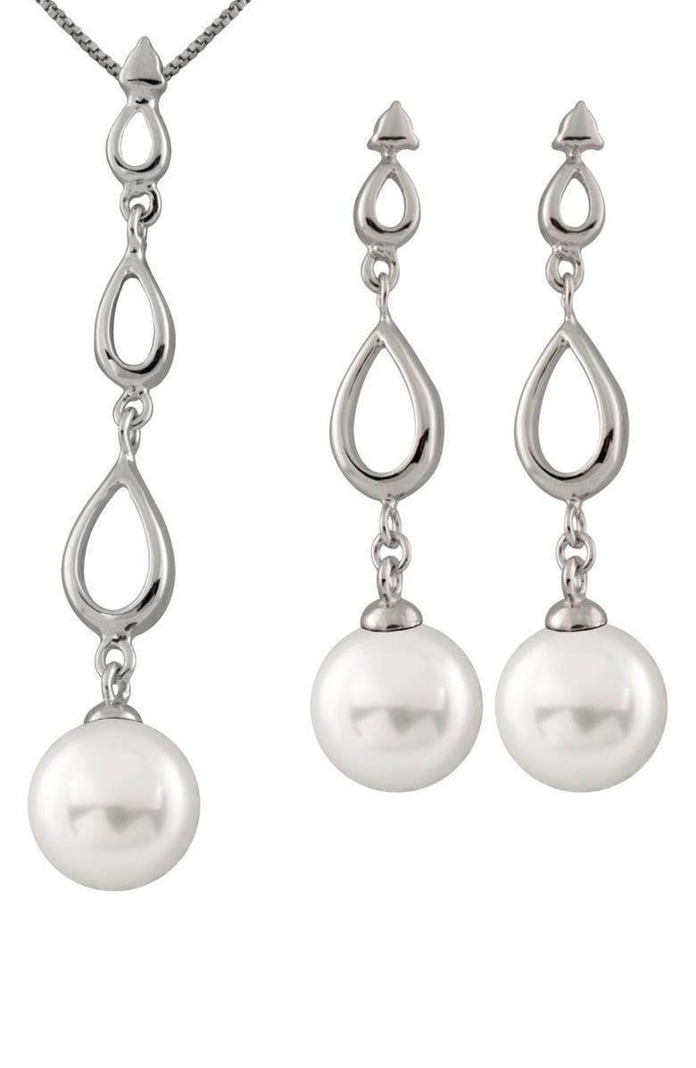 SPLENDID PEARLS Rhodium Plated Sterling Silver 8-8.5mm Cultured Freshwater Pearl Earrings & Necklace 3-Piece Set, Main, color, 