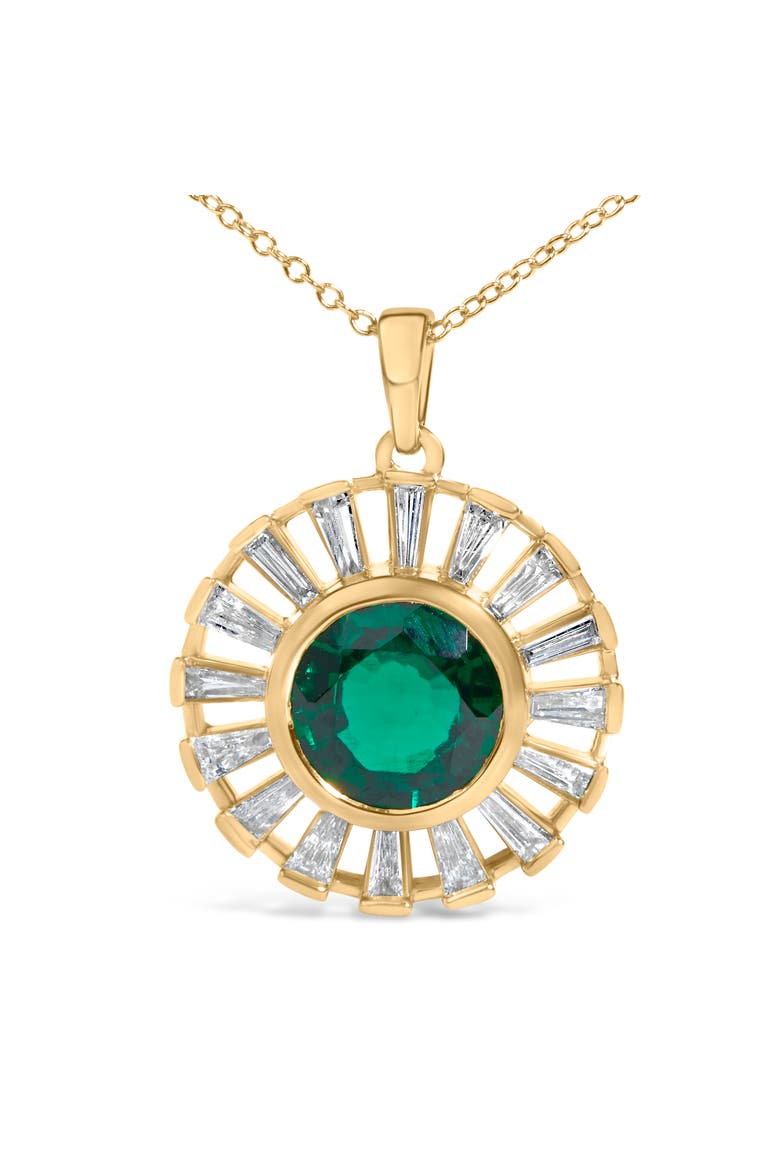 14K Yellow Gold Plated Sterling Silver Lab Grown Emerald and Baguette Diamond Sunburst Medallion Pendant Necklace, Alternate, color, Yellow Gold over Silver