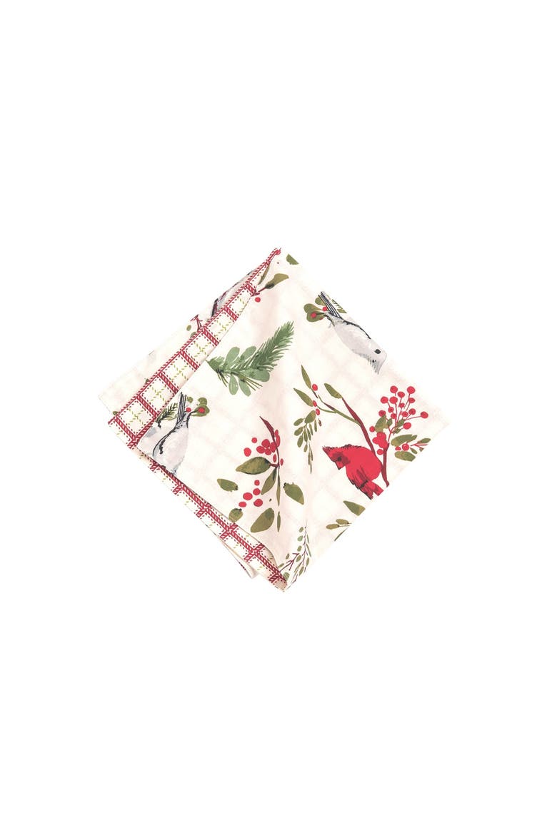 Red Cardinal & Evergreen 100% Cotton Set of 6 Cloth Napkins, Main, color, White