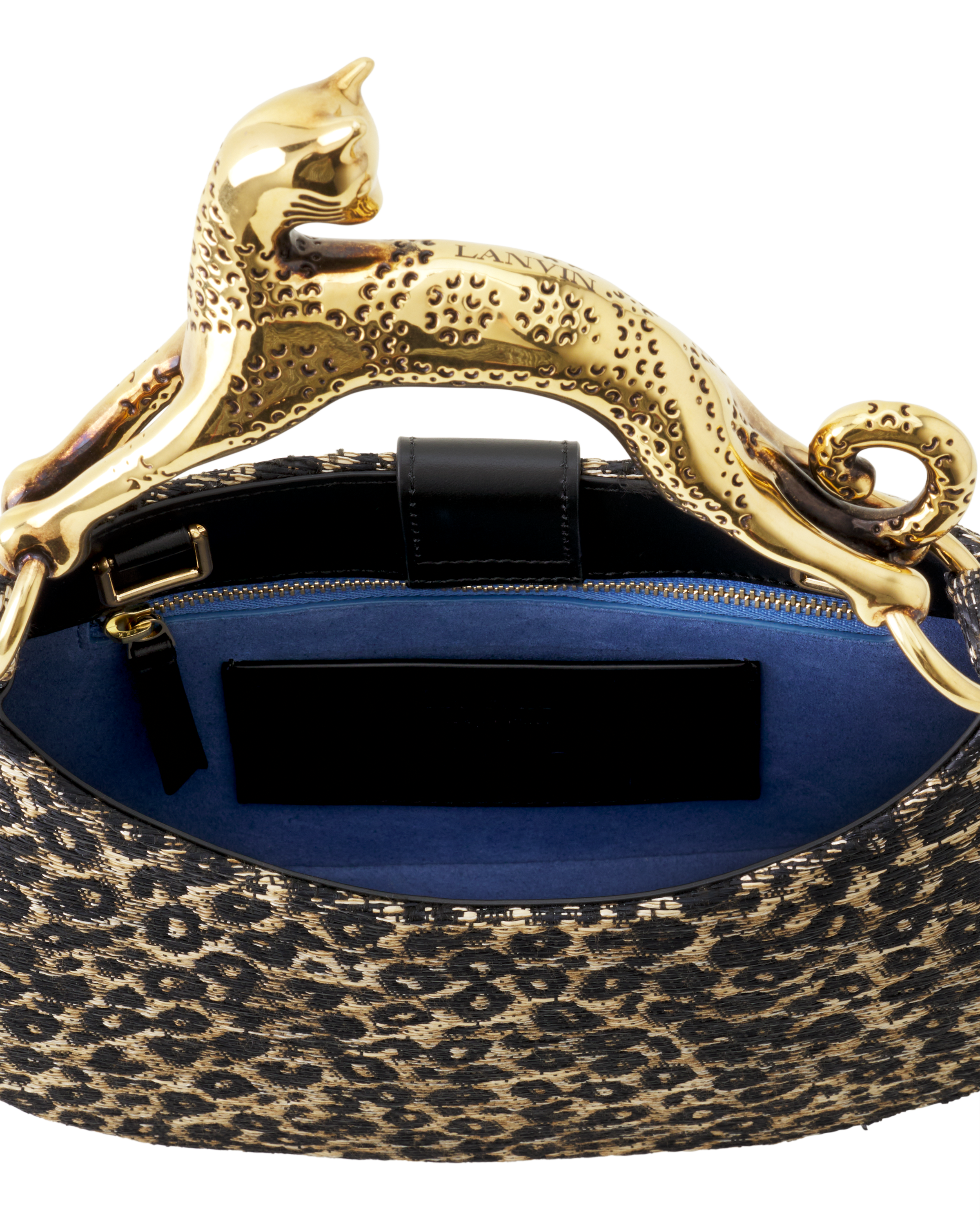 Lanvin Hobo Cat Small Raffia Bag With A Leopard Print And Cat Handle, Alternate, color, Beige/Black