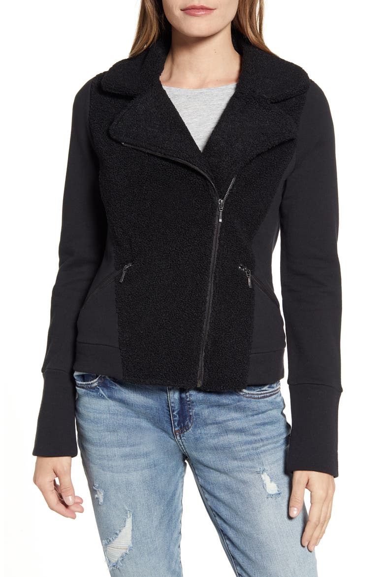 Mixed Fleece Moto Jacket, Alternate, color, BLACK