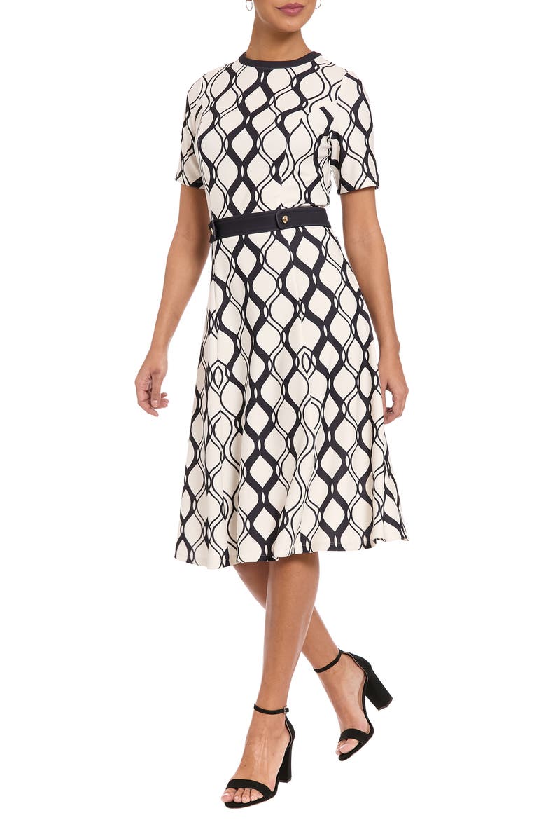 Short Sleeve Side Tab Fit & Flare Dress, Alternate, color, IVORY/ BLACK