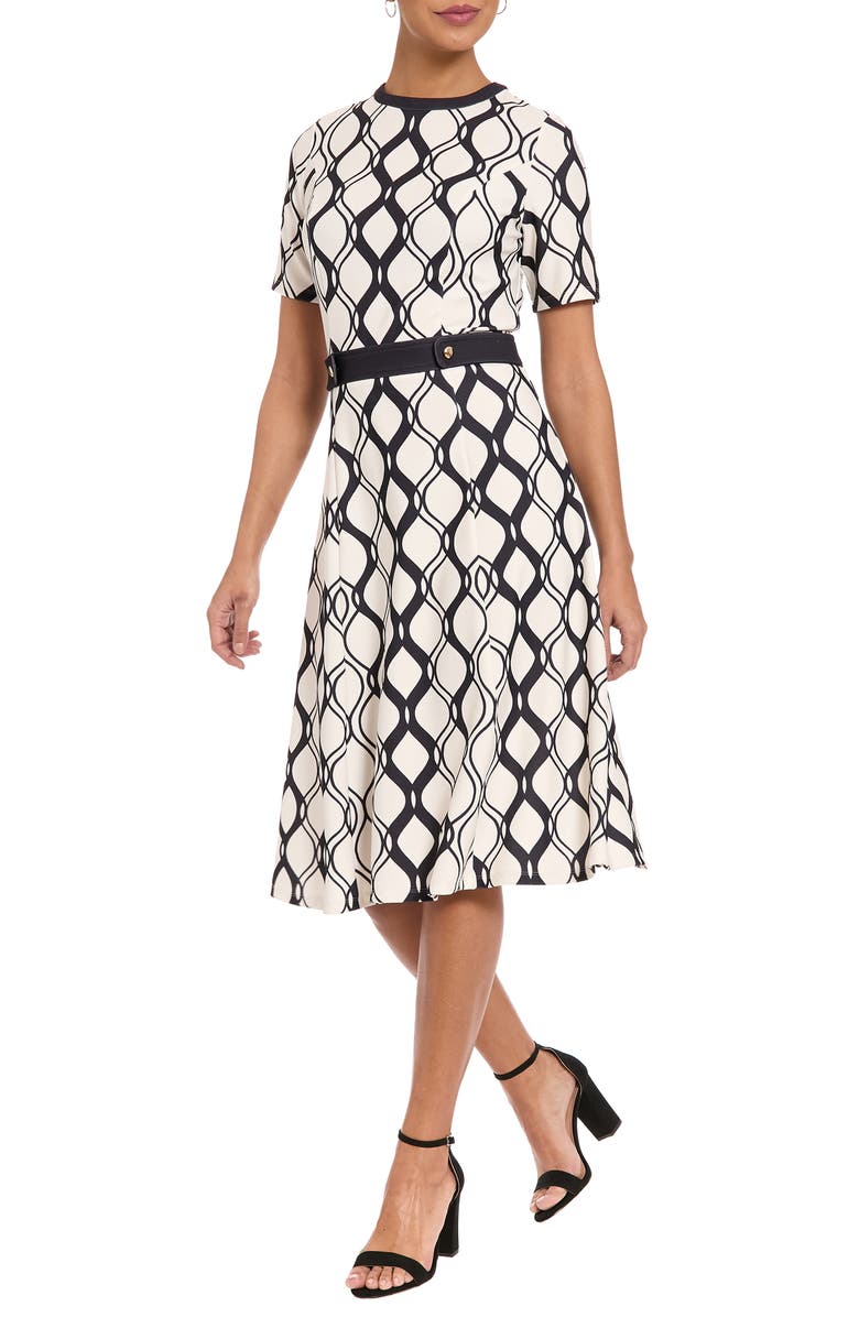 London Times Short Sleeve Side Tab Fit & Flare Dress, Alternate, color, Ivory/ Black