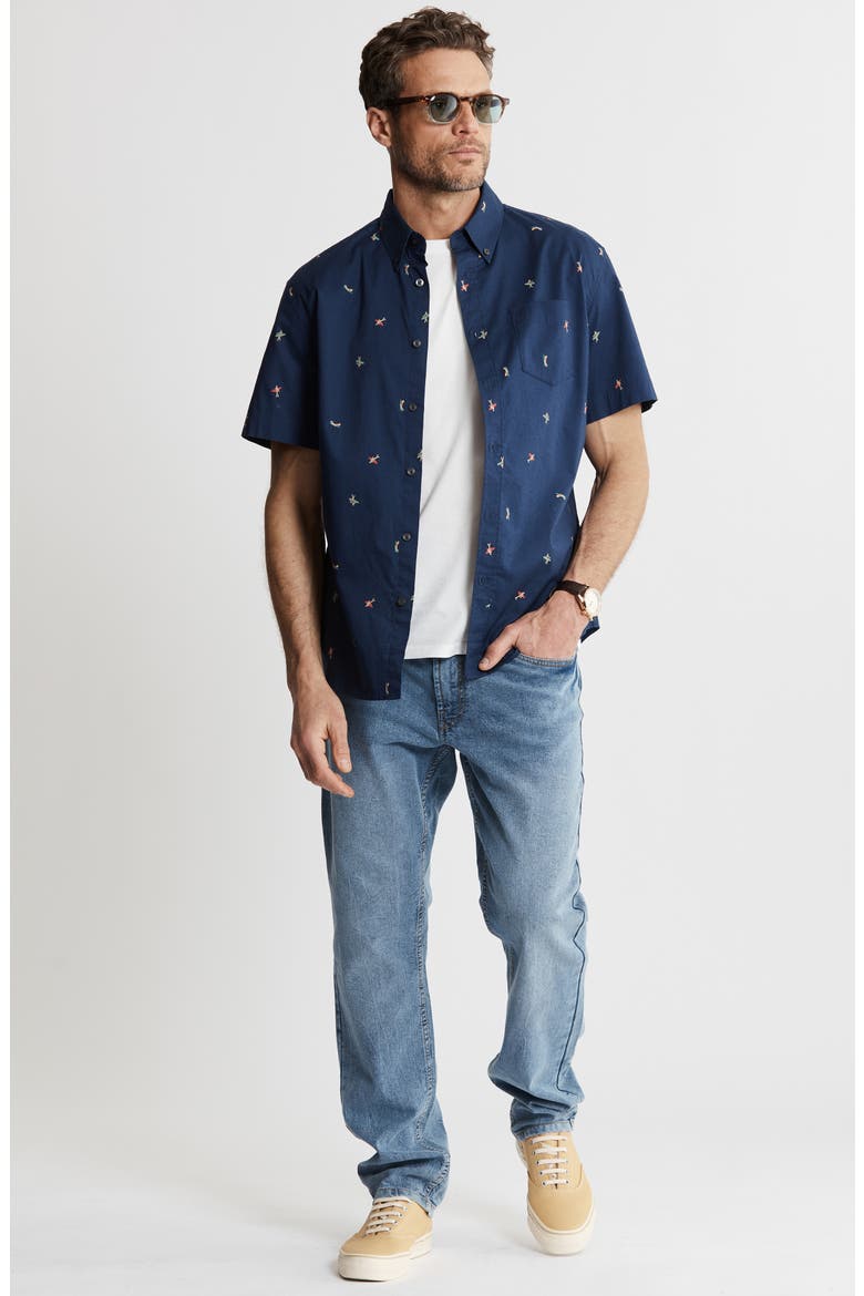 Bay Stretch Oxford Short Sleeve Shirt, Alternate, color, NAVY SURFER PRINT