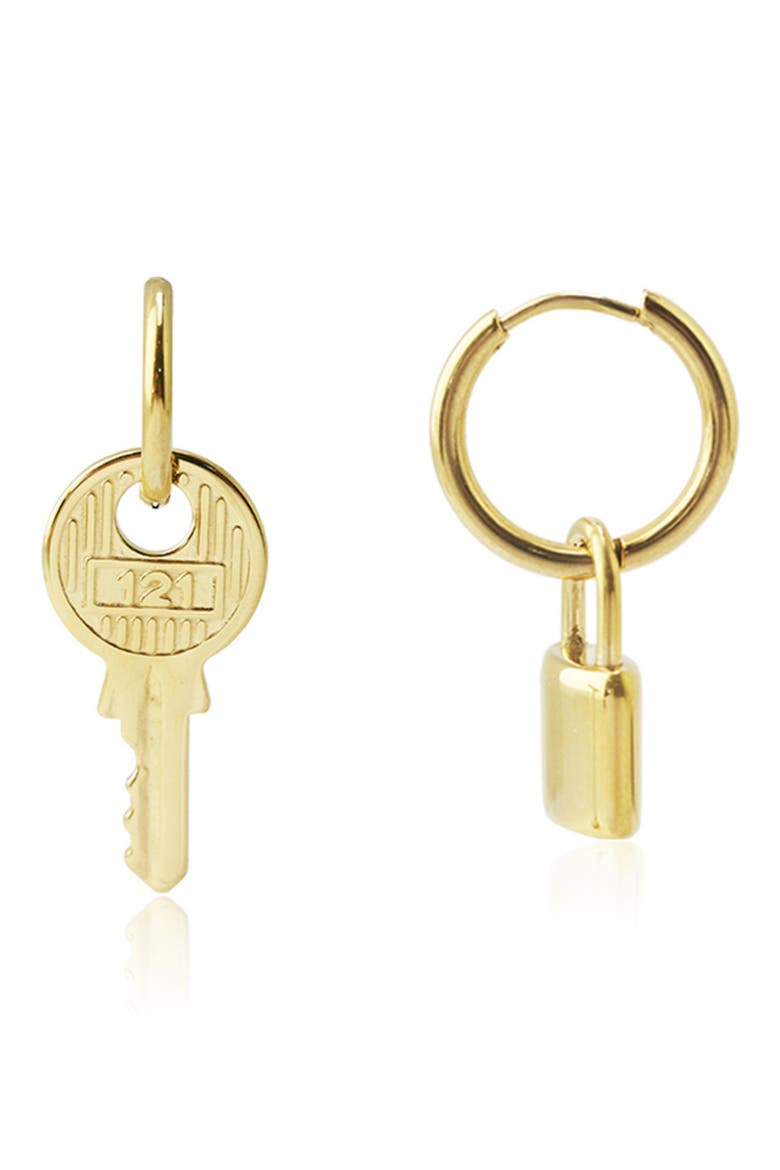 Lock It Mismatched Drop Earrings, Main, color, GOLD