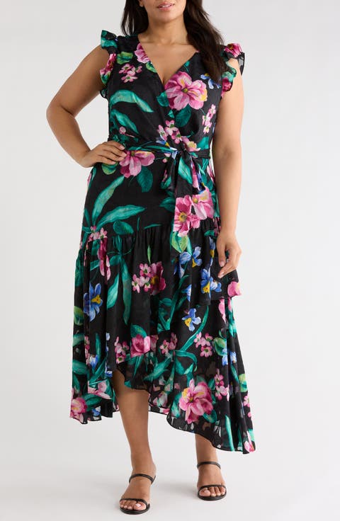 Print Ruffle High-Low Faux Wrap Maxi Dress (Plus)