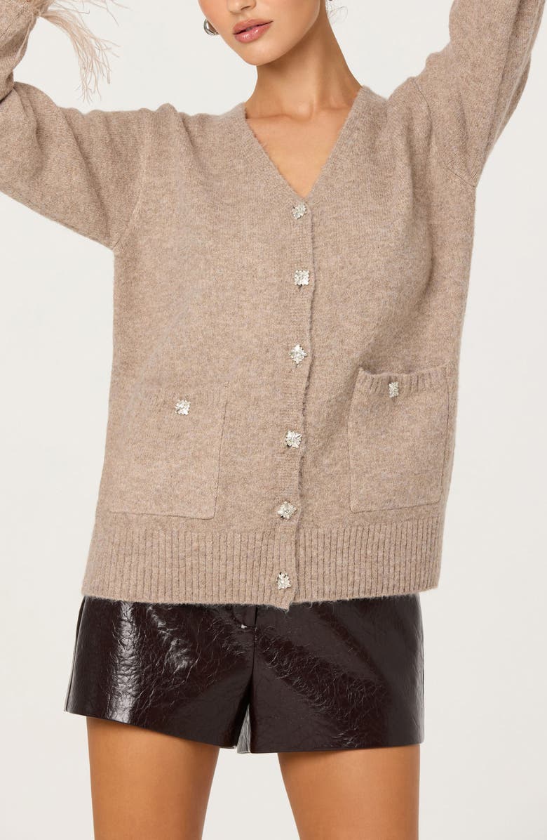 ASTR the Label Grie Crystal Embellished & Feather Trim Cardigan, Alternate, color, Taupe