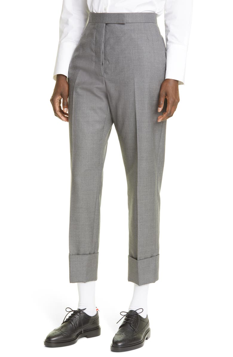 Thom Browne Back Strap Wool Cuff Crop Pants, Alternate, color, Medium Grey