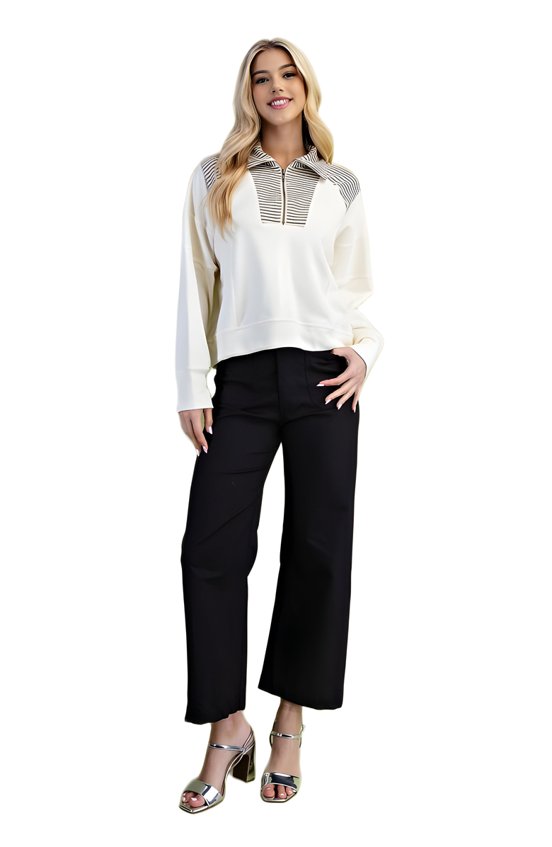 Knit and Lounge Striped Half-Zip Sweater With Contrast Collar Trim, Alternate, color, Ivory