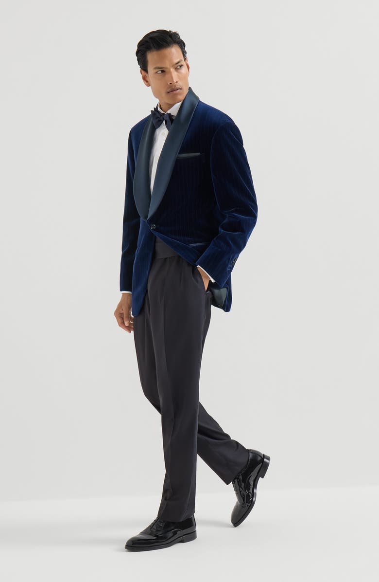 Brunello Cucinelli Virgin wool and silk lightweight twill tuxedo trousers with double pleats and waist tabs, Alternate, color, Navy Blue