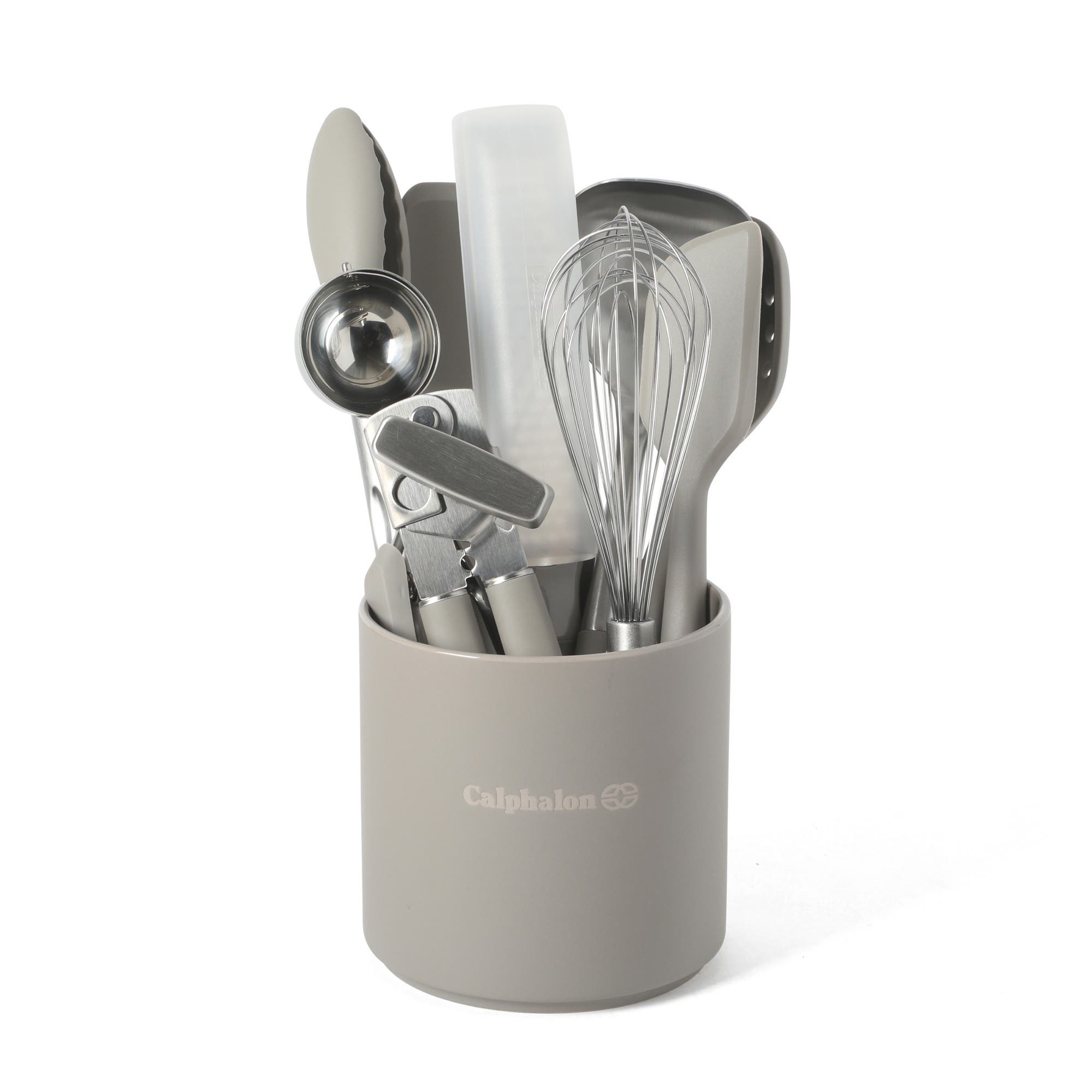 Calphalon Edge Stainless Steel And Silicone Kitchen Utensil Set With Crock In Brown