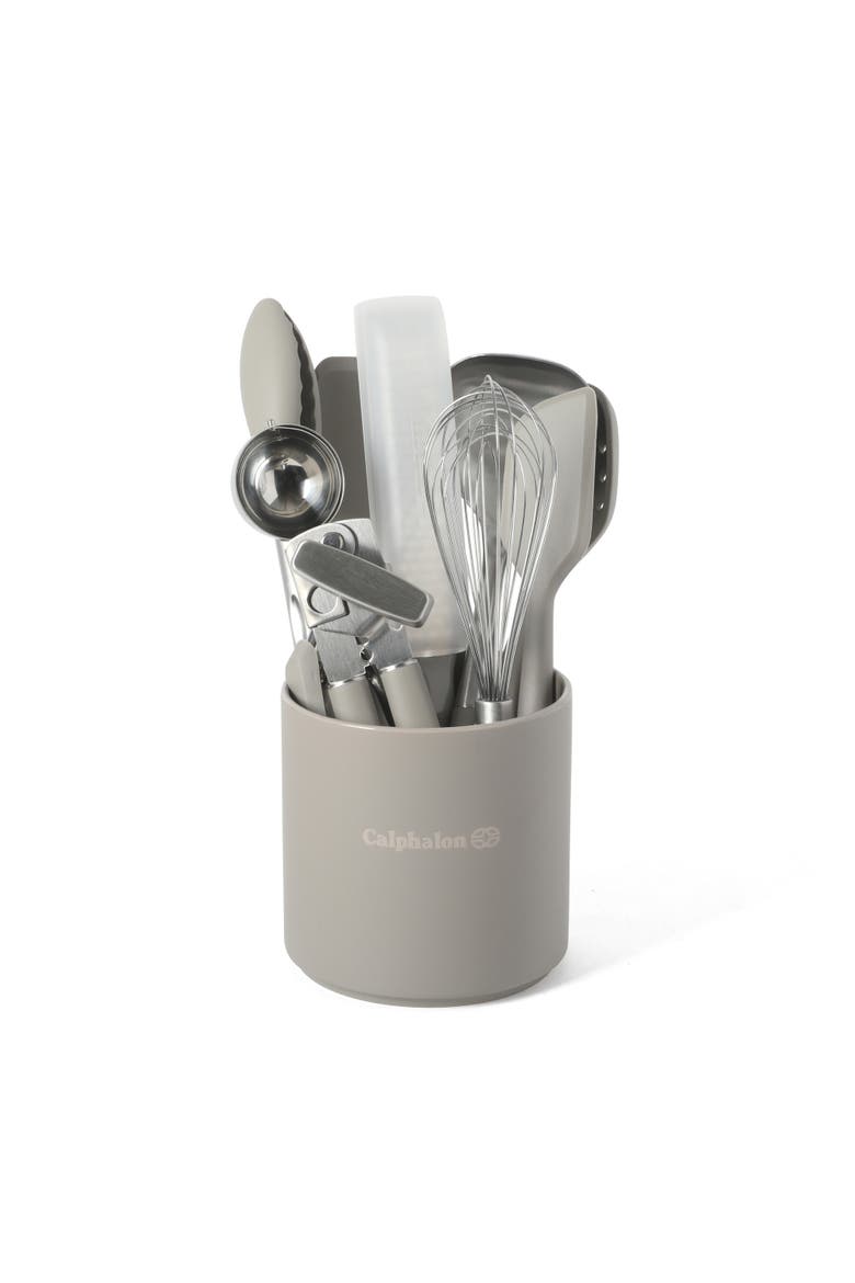 Edge Stainless Steel and Silicone Kitchen Utensil Set with Crock, Main, color, Taupe