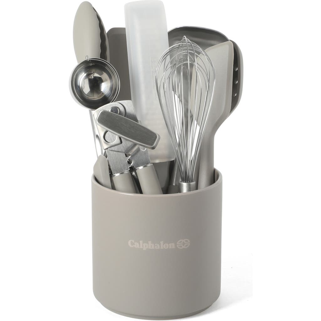 Calphalon Edge Stainless Steel And Silicone Kitchen Utensil Set With Crock In Brown