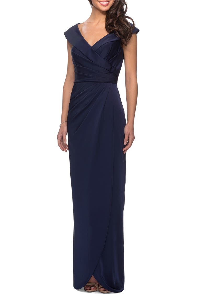 Long Jersey Dress with Ruching and Cap Sleeves, Main, color, NAVY