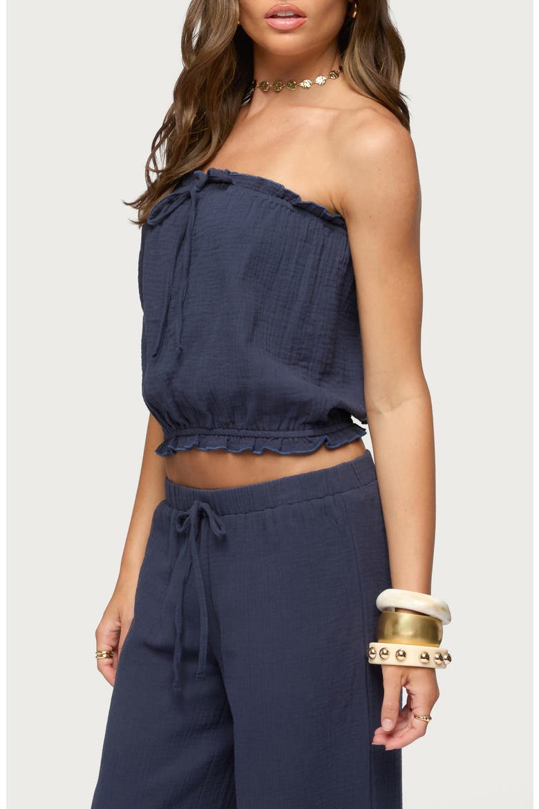 Viktoria Strapless Gauze Bubble Crop Top, Alternate, color, NAVY