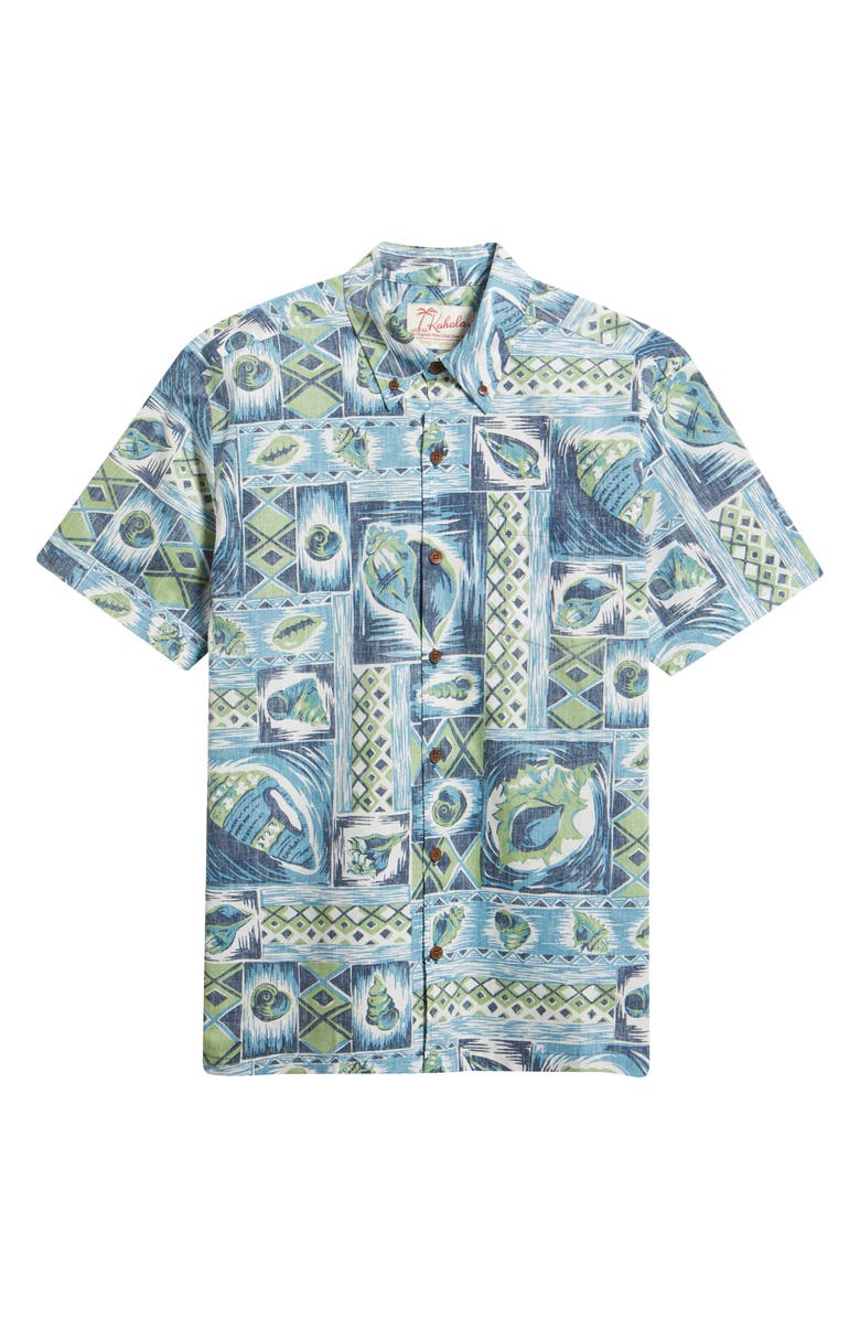 Kahala King's Shells Short Sleeve Cotton Button-Down Shirt, Alternate, color, Ocean Blue