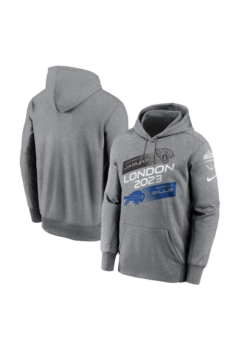 Men's Nike Heather Charcoal Jacksonville Jaguars vs. Buffalo Bills 2023 London Game Pullover Hoodie, Main, color, Heather Charcoal