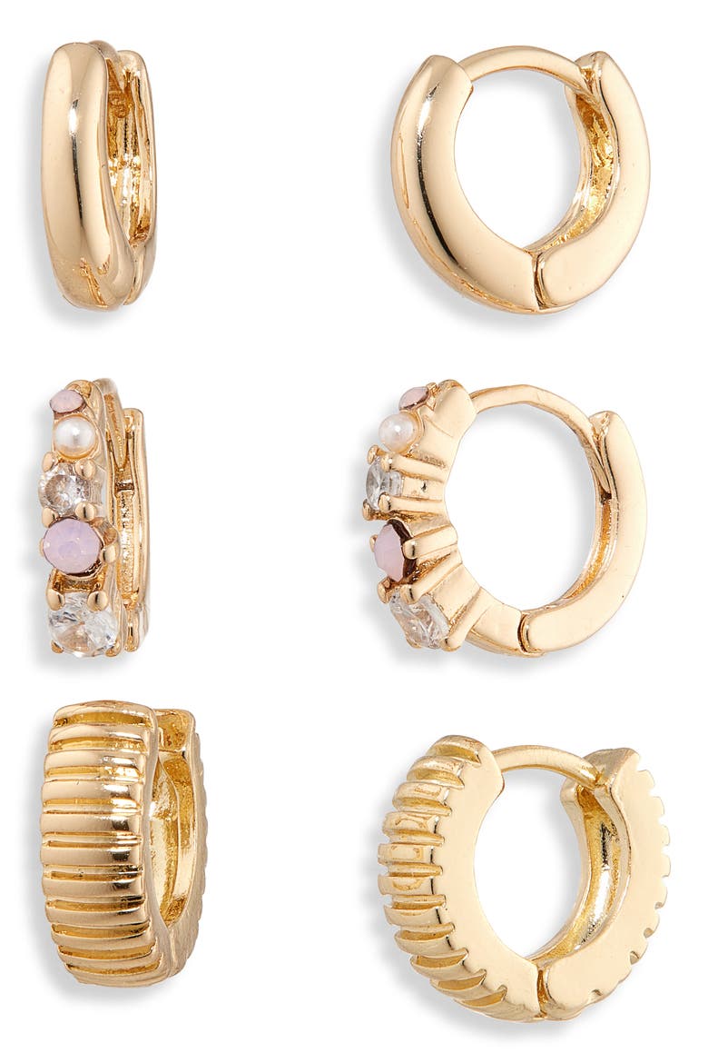 3-Pack Assorted Huggie Hoop Earrings, Main, color, WHITE- BLUSH- GOLD