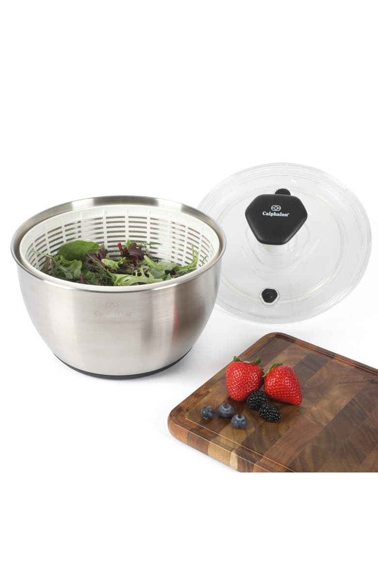 Aero 6.3 Qt Stainless Steel Salad Spinner with Strainer and Storage Lid, Alternate, color, Silver