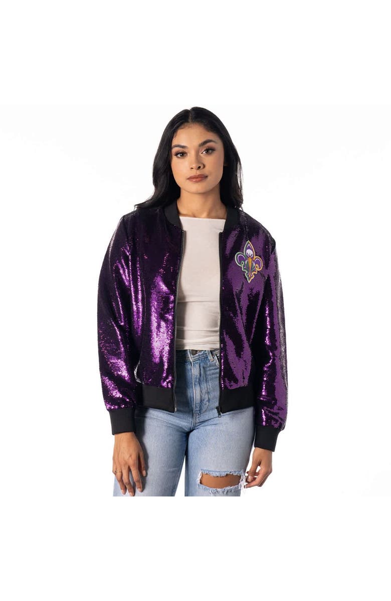 THE WILD COLLECTIVE Women's The Wild Collective Purple New Orleans Pelicans Sequin Full-Zip Bomber Jacket, Alternate, color,