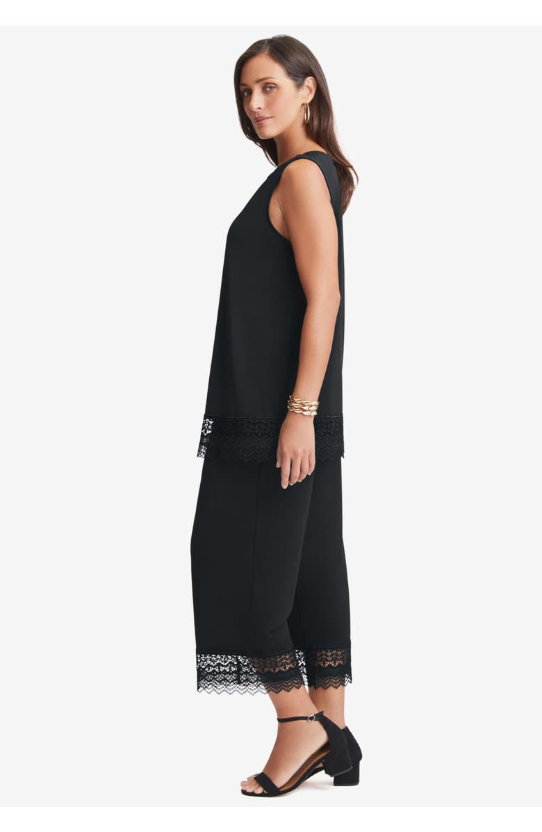 Jessica London 2-Piece Stretch Knit Lace Trim Crop Set, Alternate, color, Black