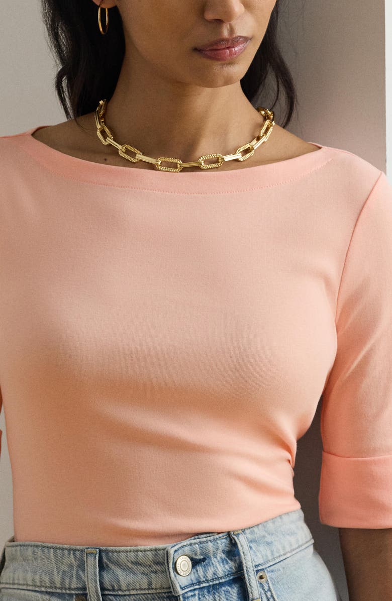 Lauren Ralph Lauren Judy Elbow Sleeve Boat Neck Stretch Cotton Top, Alternate, color, Light Portside Coral