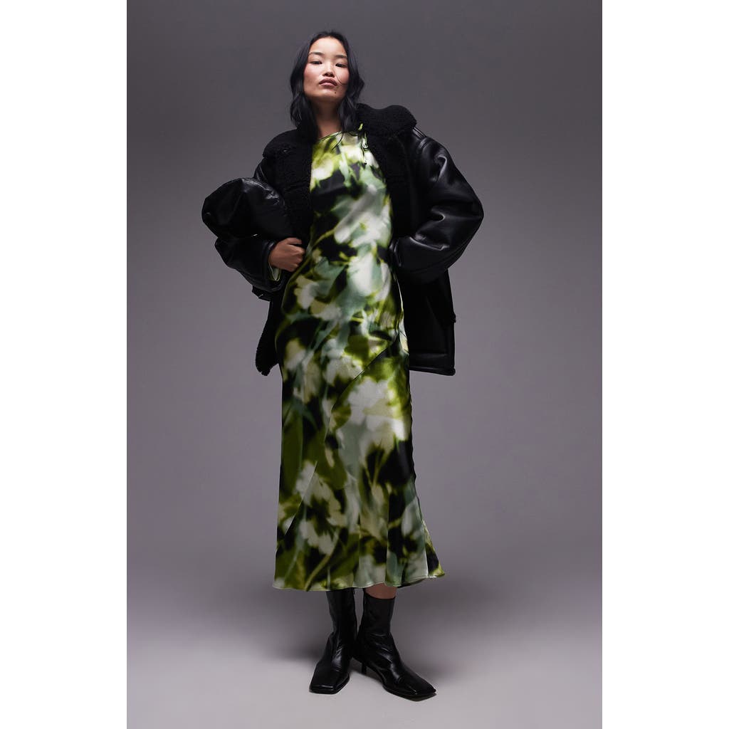 Topshop Abstract Print Cutout Detail Long Sleeve Satin Midi Dress In Mid Green
