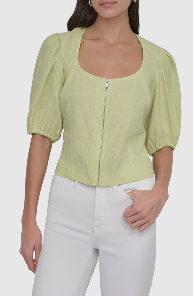 DKNY Front Zip Puff Sleeve Crop Linen Blend Top, Main, color, 