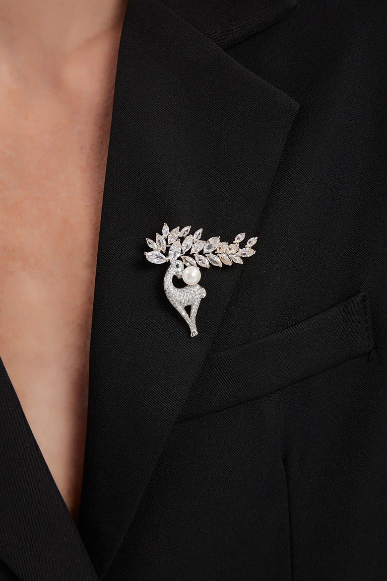Pavé and Shell Pearl Reindeer Multi Way Brooch Pendant, Alternate, color, Silver