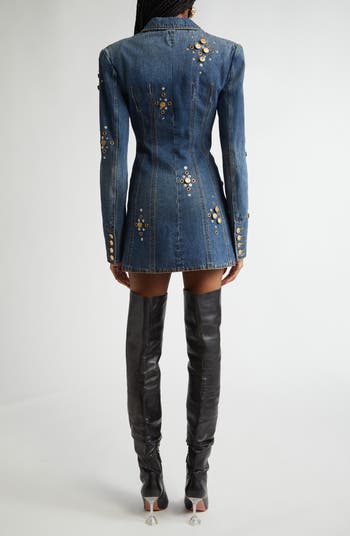 Area Crystal Button Studded Long Sleeve Denim Blazer