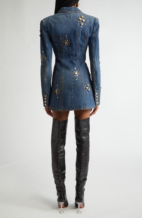 Shop Area Crystal Button Studded Long Sleeve Denim Blazer Minidress In Dark Blue