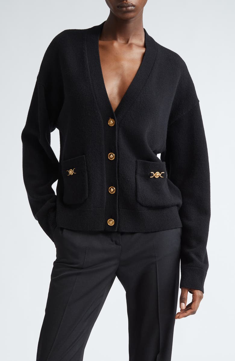 Versace Medusa Detail Wool & Cashmere Cardigan, Main, color,