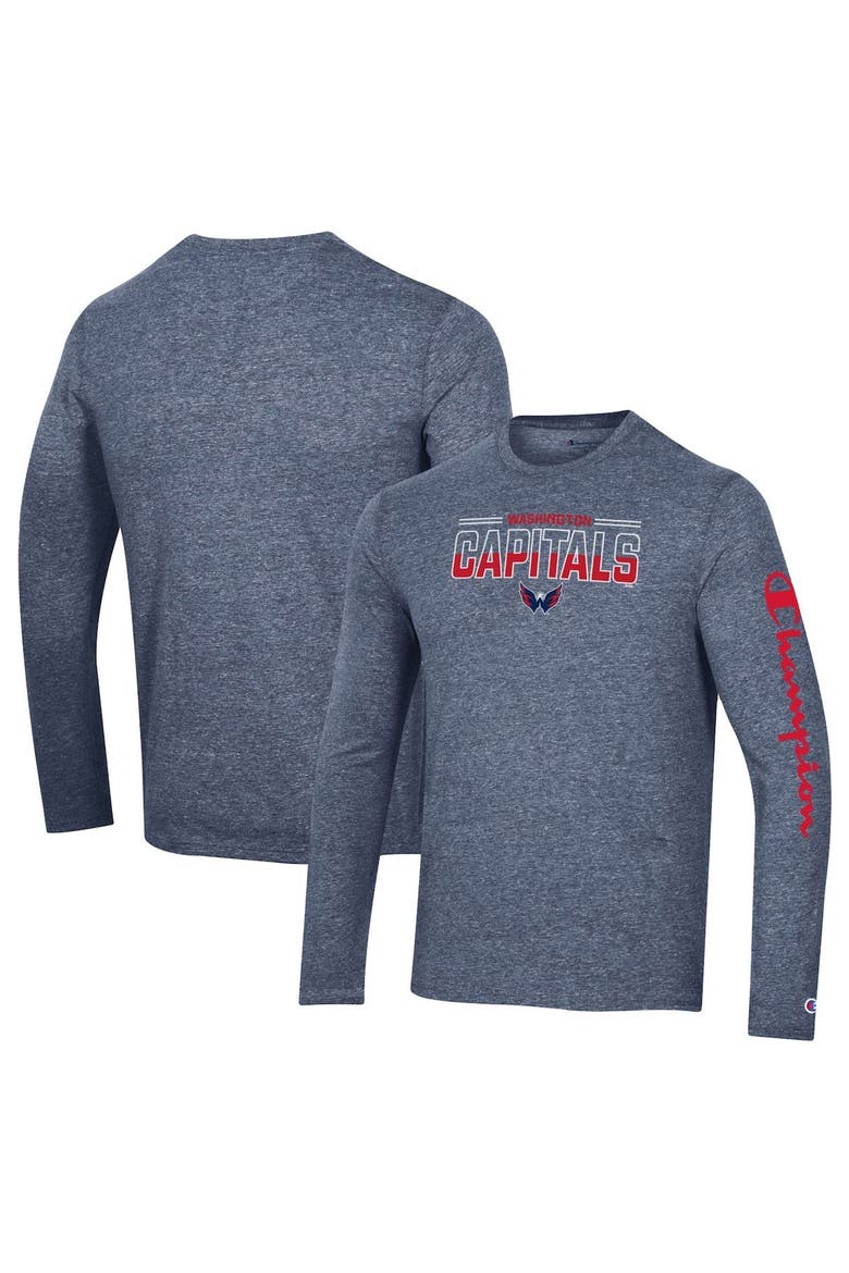 Men's Champion Heather Navy Washington Capitals Tri-Blend Long Sleeve T-Shirt, Main, color, Navy