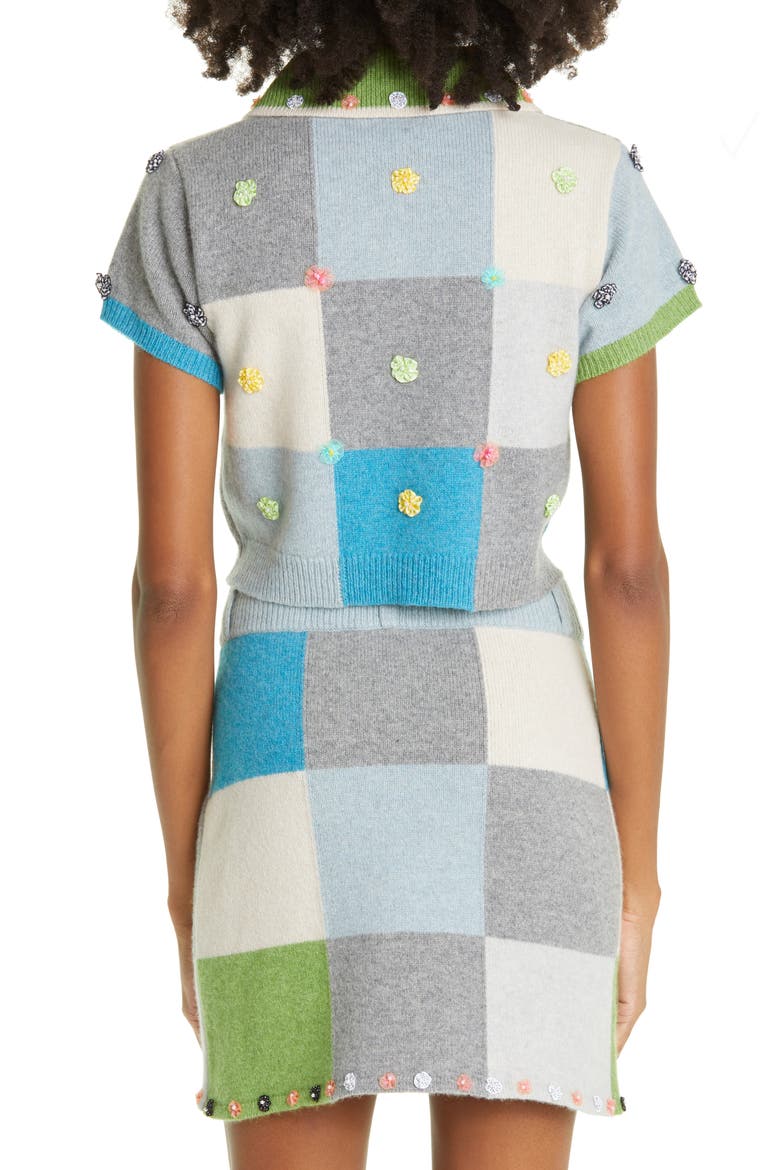 Floral Appliqué Checkerboard Lambswool Sweater, Alternate, color, BLUE/ GREEN