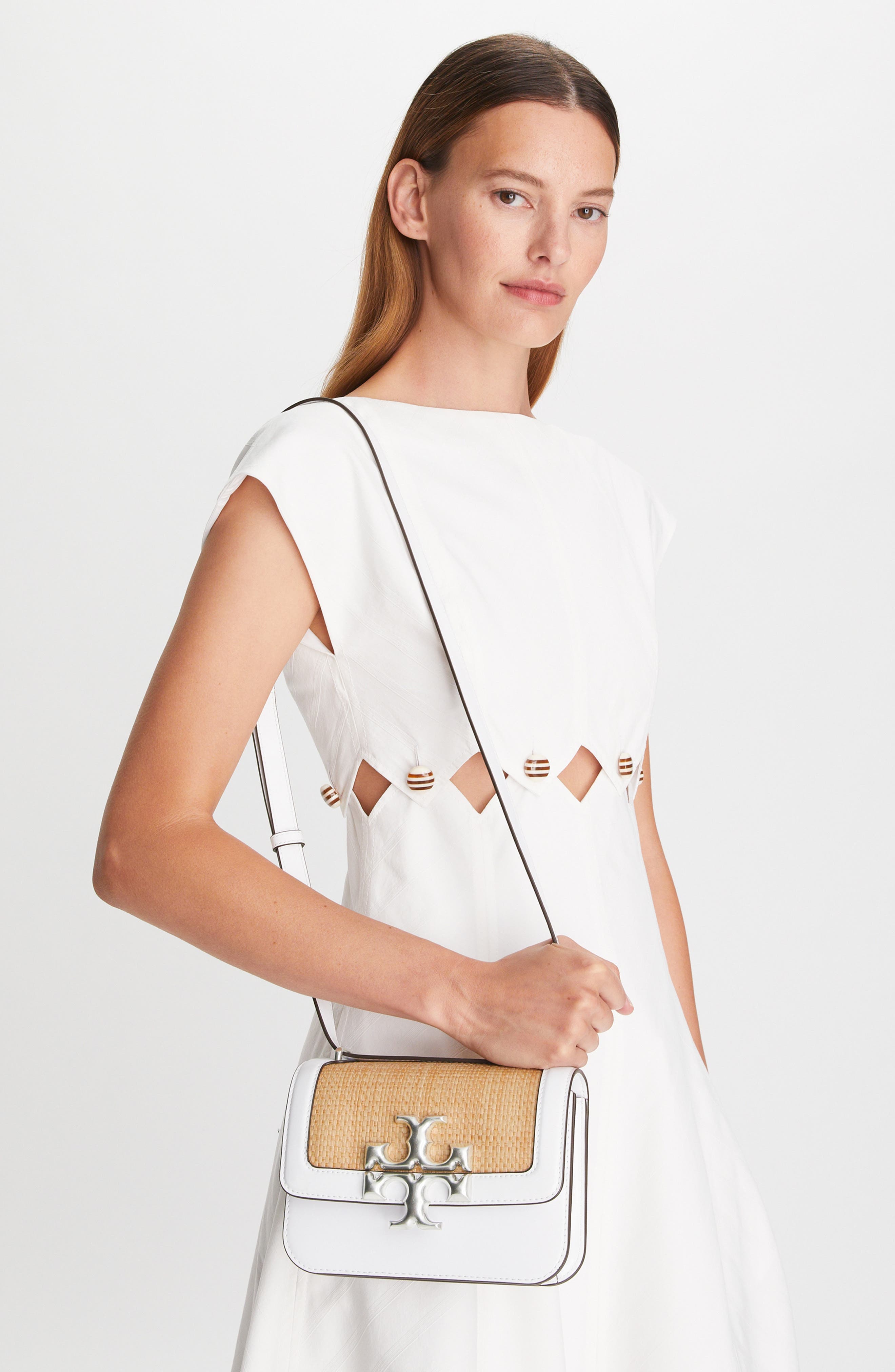 Tory Burch Eleanor Small Woven Straw & Leather Shoulder Bag, Alternate, color, 