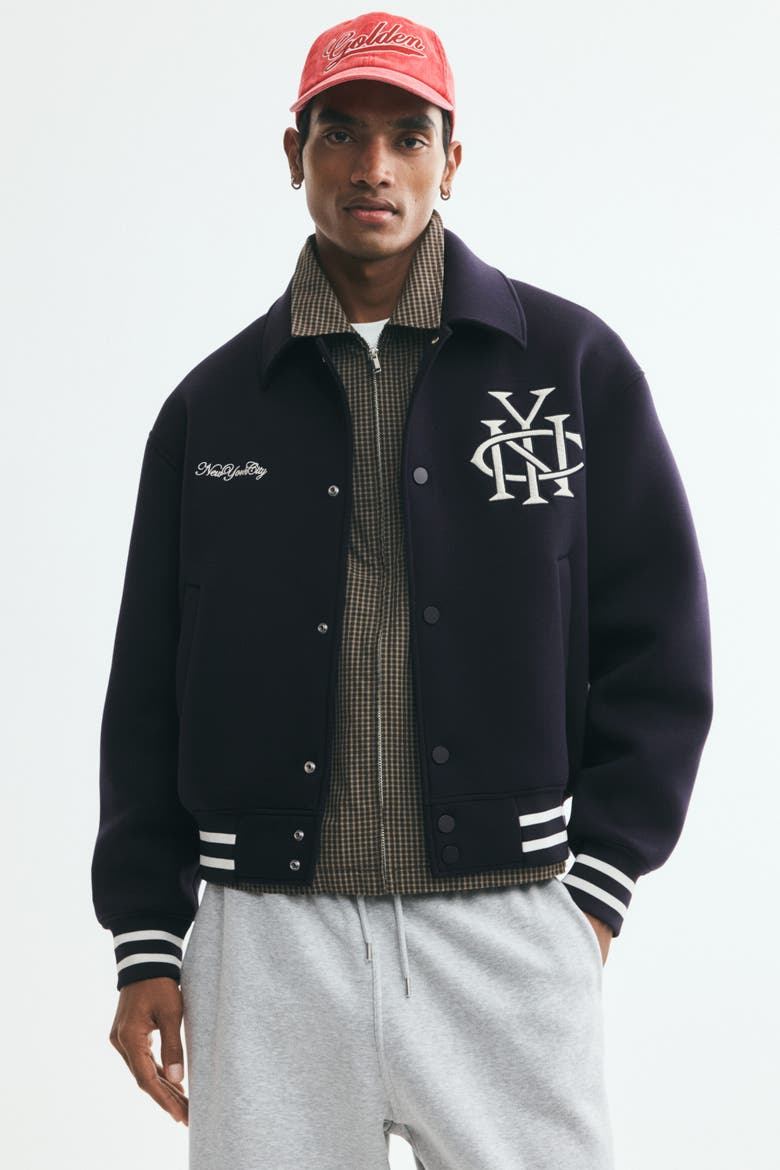 Scuba Knit Baseball Jacket, Main, color, Navy blue/NYC