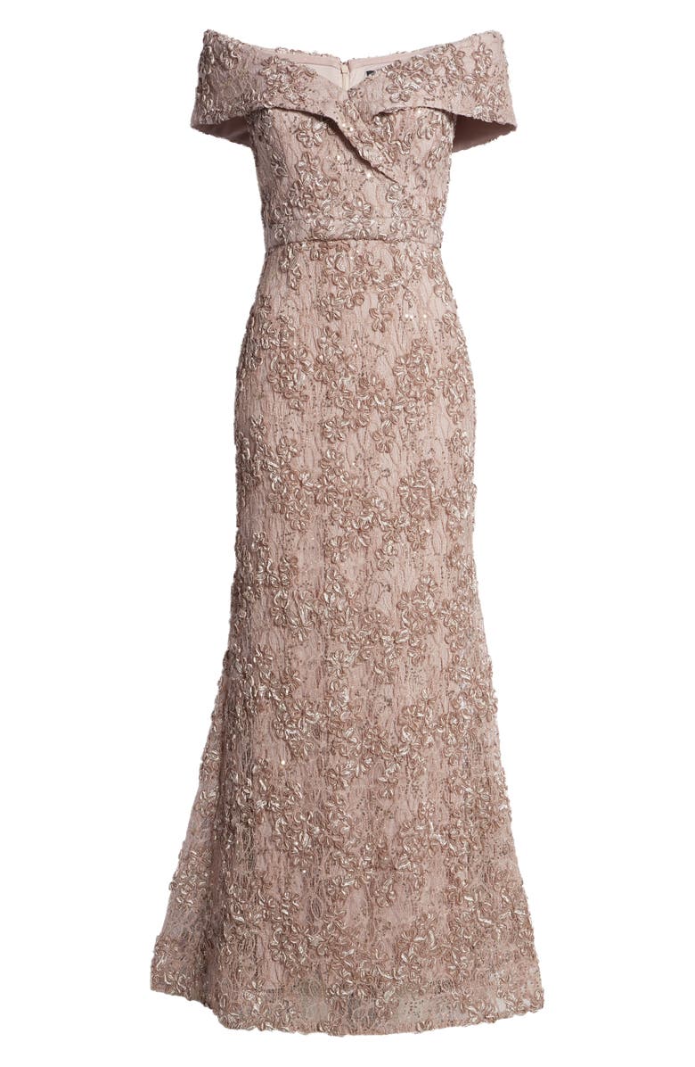 Xscape Evenings Off the Shoulder Embroidered Gown, Alternate, color,