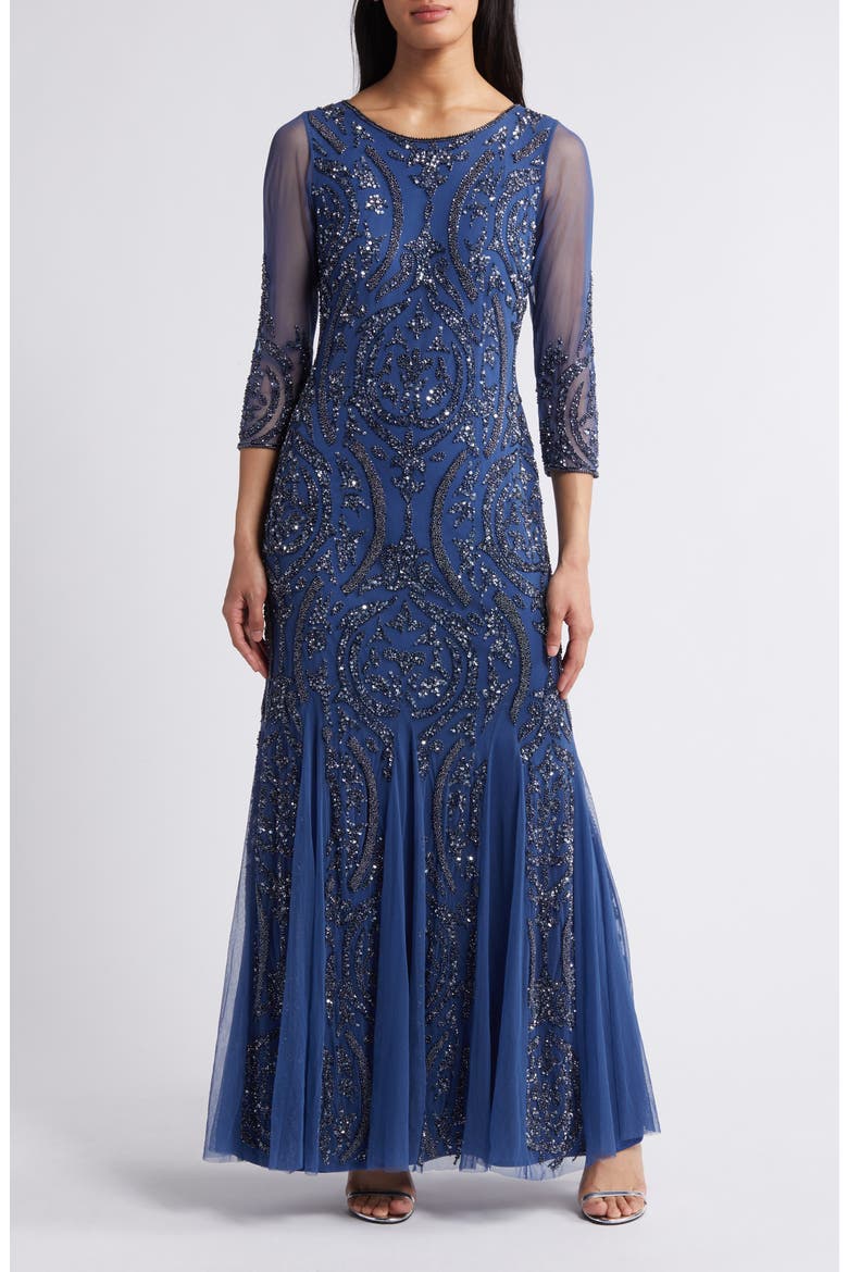 Sequin Beaded Illusion Mesh Three-Quarter Sleeve Gown, Main, color, DENIM