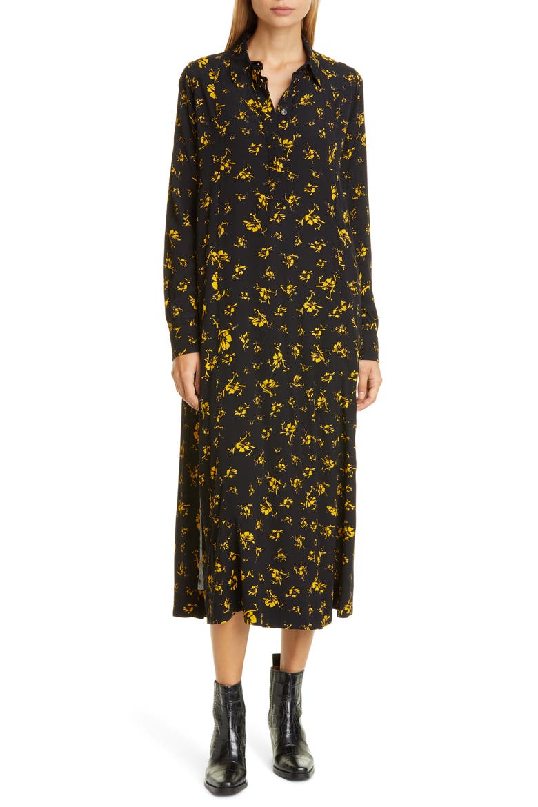 Floral Print Crepe Long Sleeve Midi Dress, Main, color, BLACK